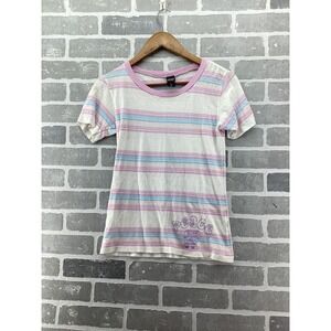 Peace Frogs T-Shirt Womens Medium Pink Striped Ringer Tee Cotton Short Sleeve